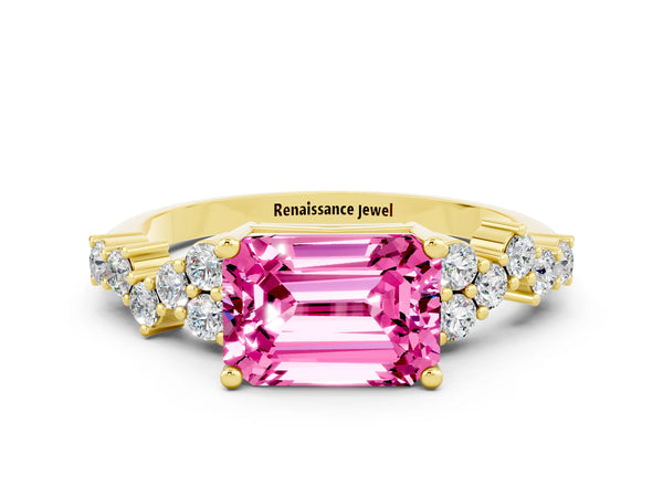 Yellow gold Emerald Cut Pink Sapphire Scattered Round Accent Ring with Prong Setting