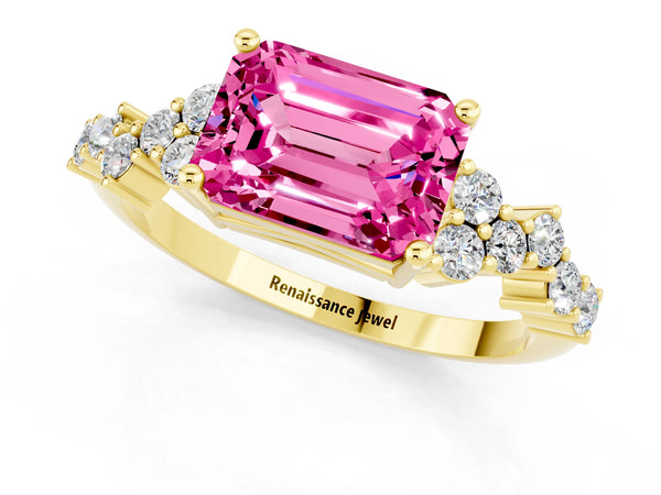 Yellow gold Emerald Cut Pink Sapphire Scattered Round Accent Ring with Prong Setting