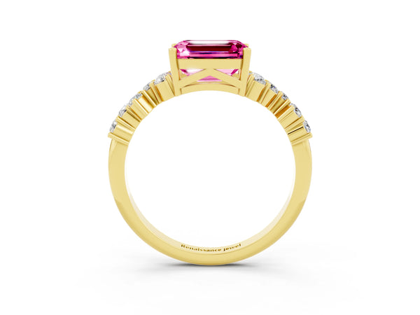 Yellow gold Emerald Cut Pink Sapphire Scattered Round Accent Ring with Prong Setting