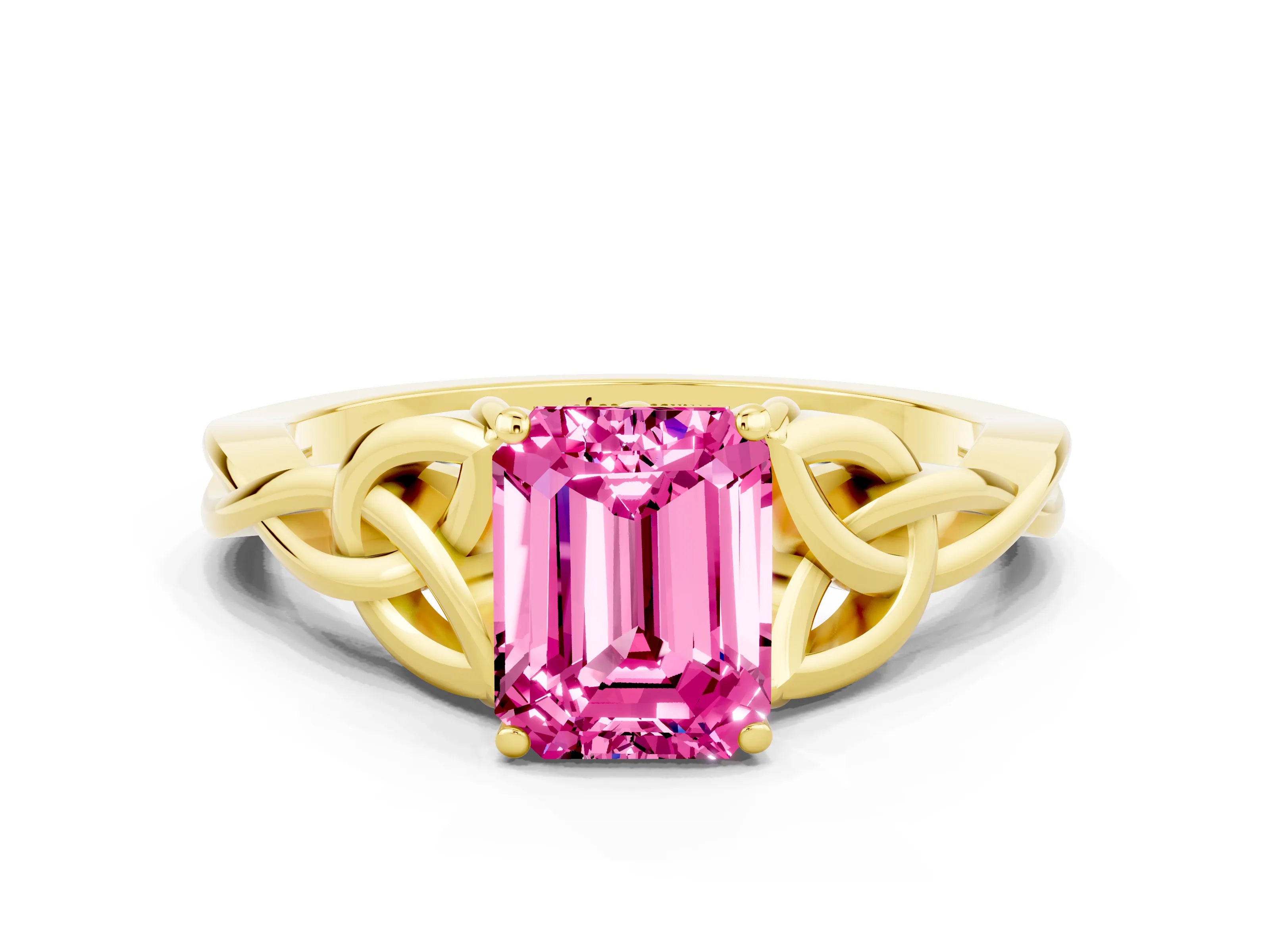Yellow gold Emerald Cut Pink Sapphire Solitaire Celtic Knot Ring with Four-Prong Setting_24