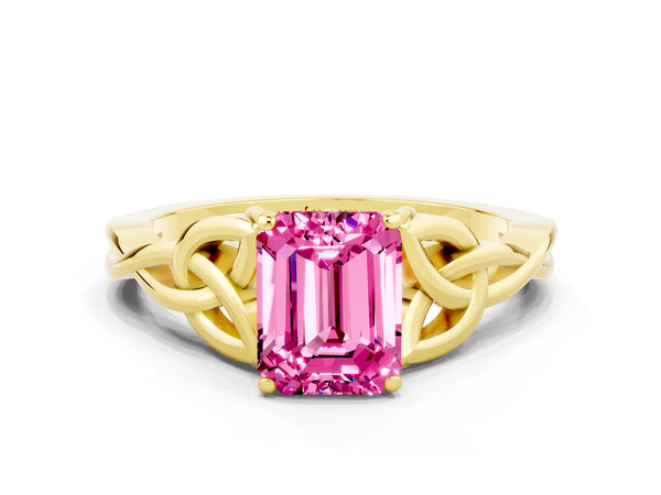 Yellow gold Emerald Cut Pink Sapphire Solitaire Celtic Knot Ring with Four-Prong Setting