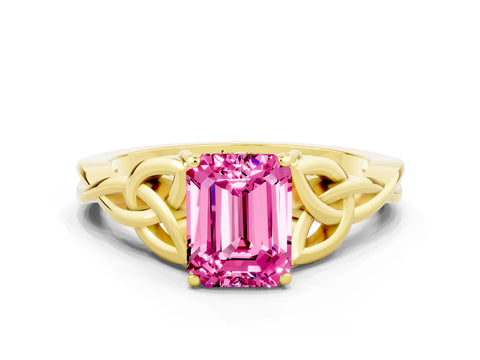 Yellow gold Emerald Cut Pink Sapphire Solitaire Celtic Knot Ring with Four-Prong Setting_24