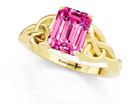Yellow gold Emerald Cut Pink Sapphire Solitaire Celtic Knot Ring with Four-Prong Setting_25