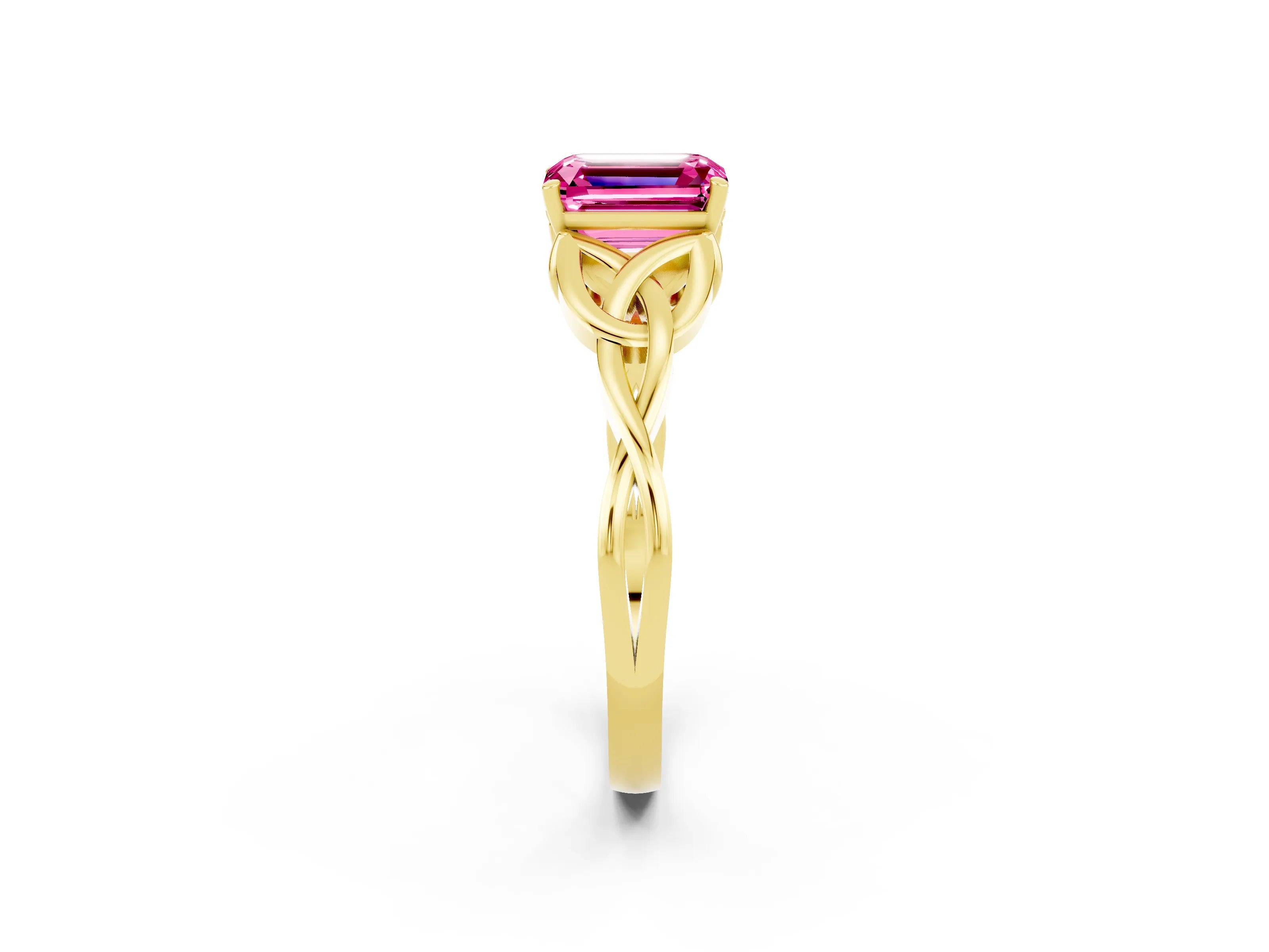 Yellow gold Emerald Cut Pink Sapphire Solitaire Celtic Knot Ring with Four-Prong Setting_26