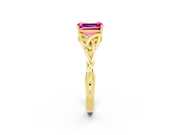 Yellow gold Emerald Cut Pink Sapphire Solitaire Celtic Knot Ring with Four-Prong Setting
