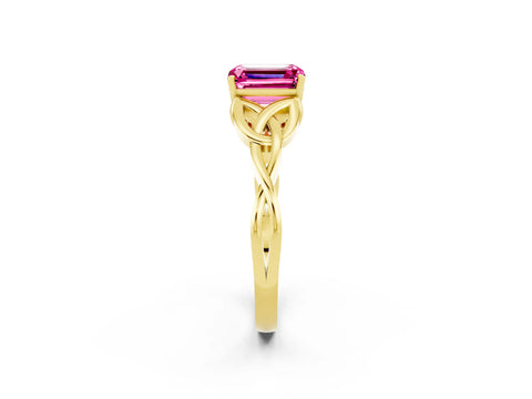 Yellow gold Emerald Cut Pink Sapphire Solitaire Celtic Knot Ring with Four-Prong Setting_26