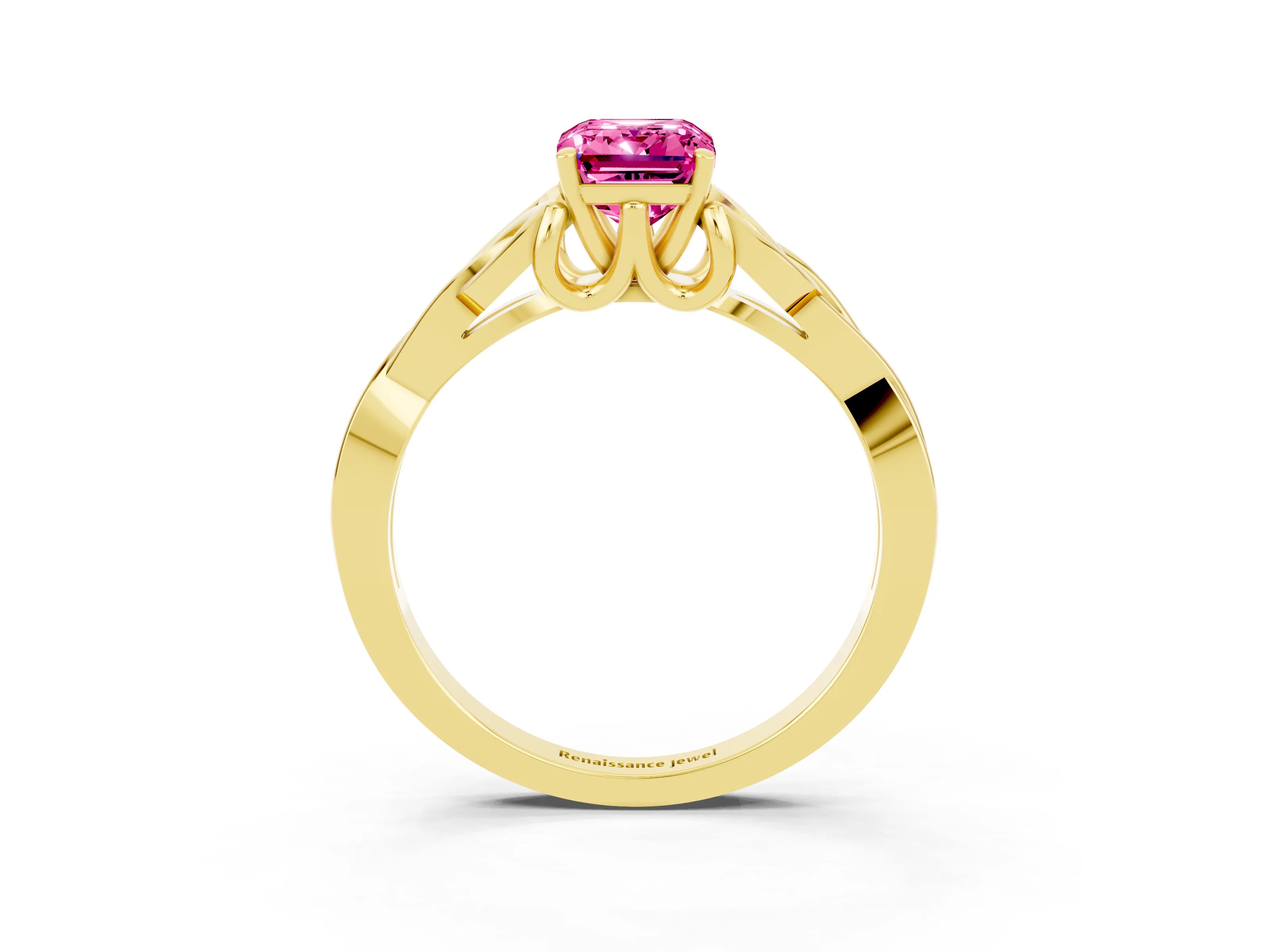 Yellow gold Emerald Cut Pink Sapphire Solitaire Celtic Knot Ring with Four-Prong Setting_27
