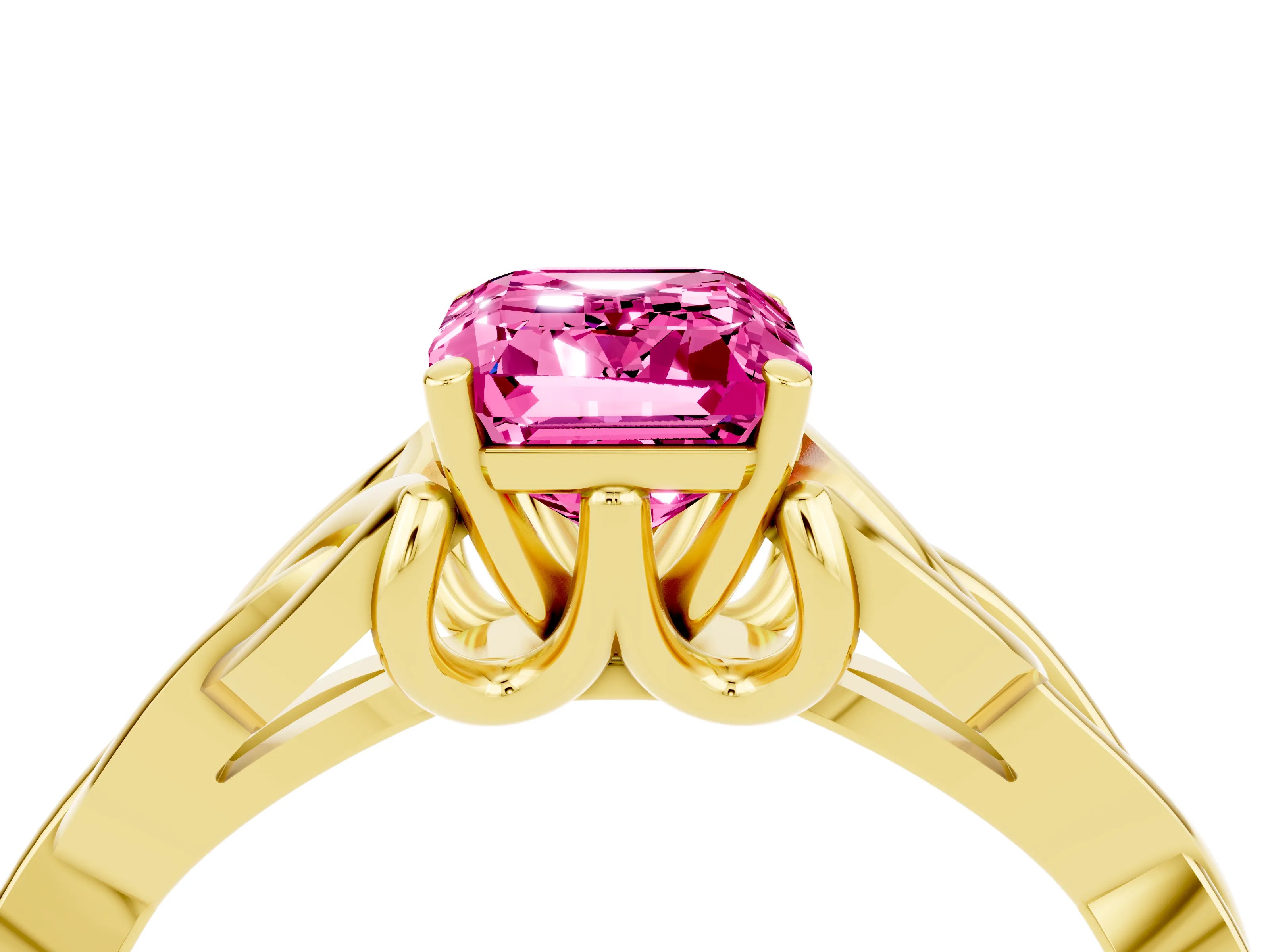 Yellow gold Emerald Cut Pink Sapphire Solitaire Celtic Knot Ring with Four-Prong Setting_28