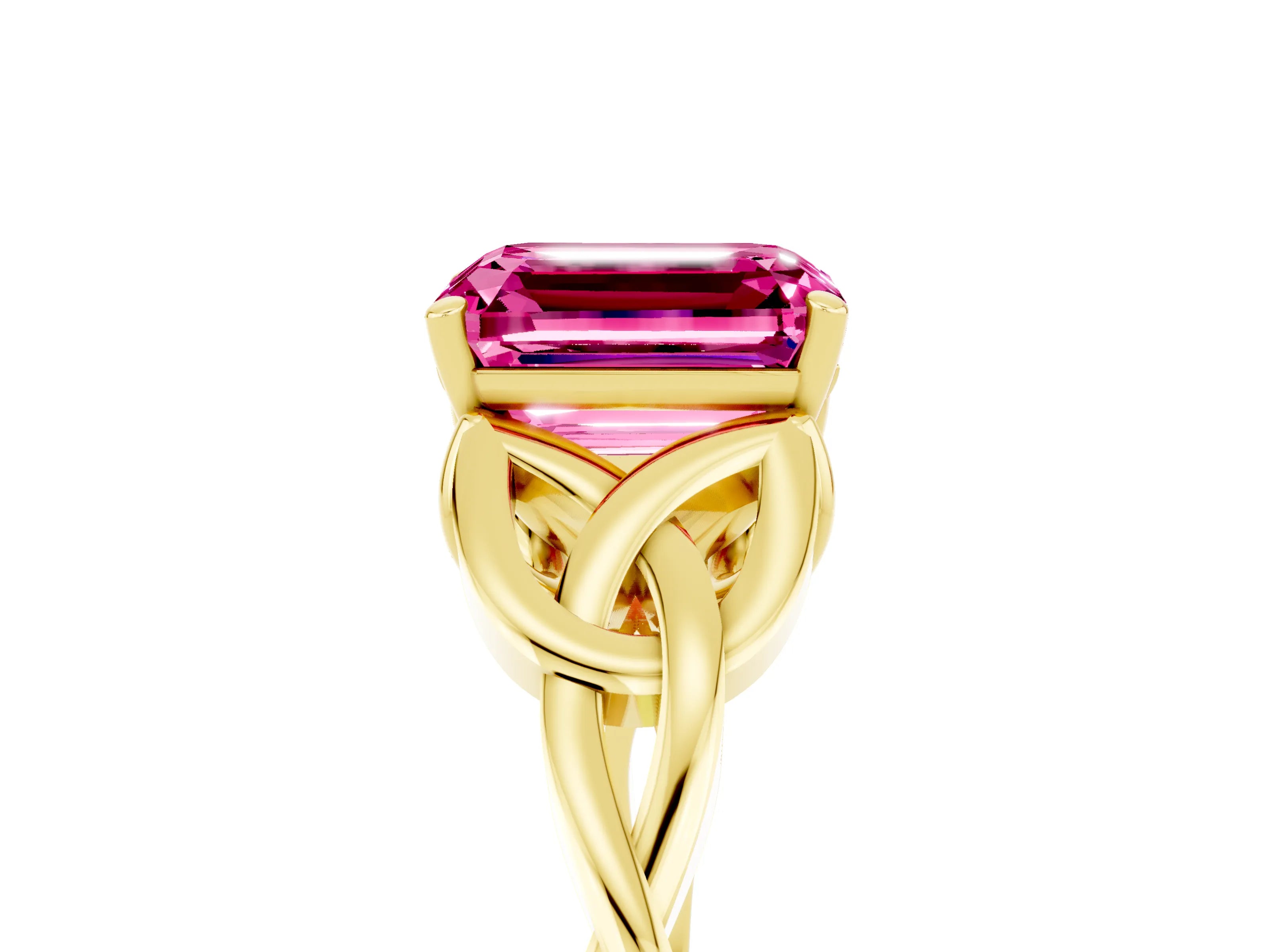 Yellow gold Emerald Cut Pink Sapphire Solitaire Celtic Knot Ring with Four-Prong Setting_29