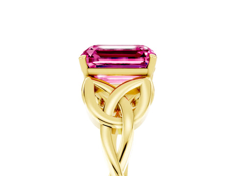Yellow gold Emerald Cut Pink Sapphire Solitaire Celtic Knot Ring with Four-Prong Setting_29