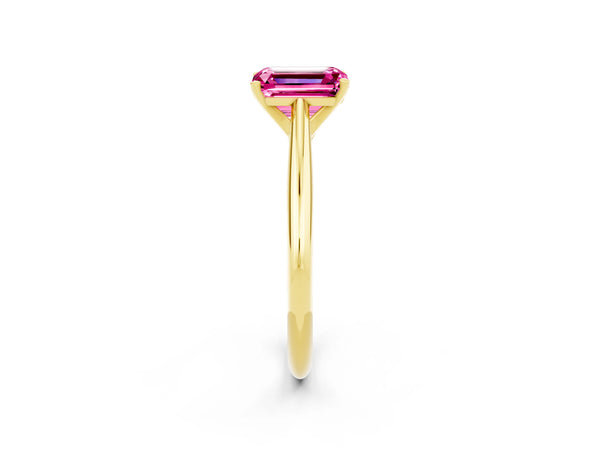 Yellow gold Emerald Cut Pink Sapphire Solitaire Engagement Ring with Cathedral Setting and Four-Prong Mount