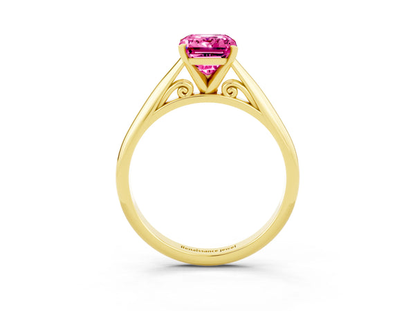 Yellow gold Emerald Cut Pink Sapphire Solitaire Engagement Ring with Cathedral Setting and Four-Prong Mount