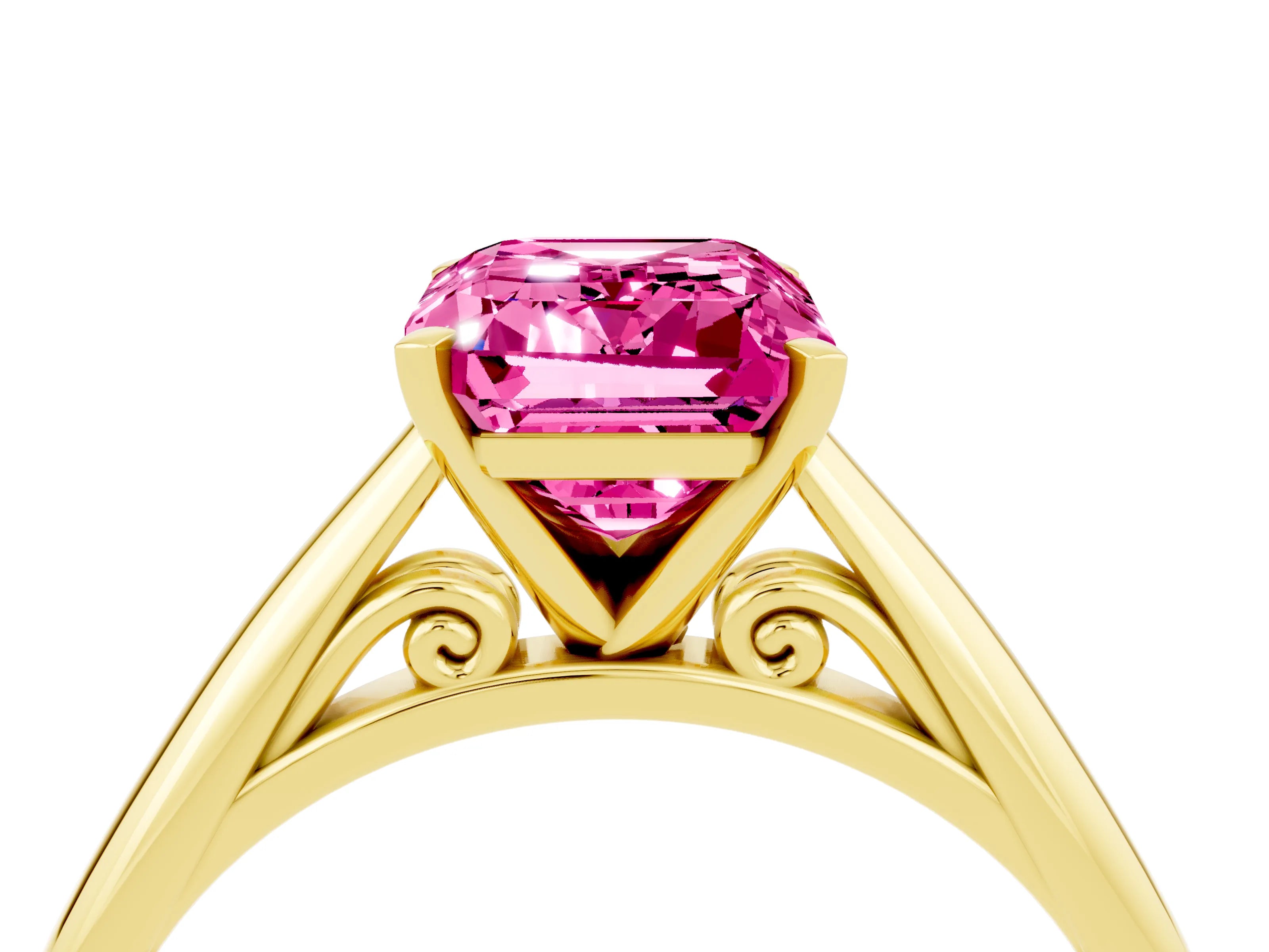Yellow gold Emerald Cut Pink Sapphire Solitaire Engagement Ring with Cathedral Setting and Four-Prong Mount_16