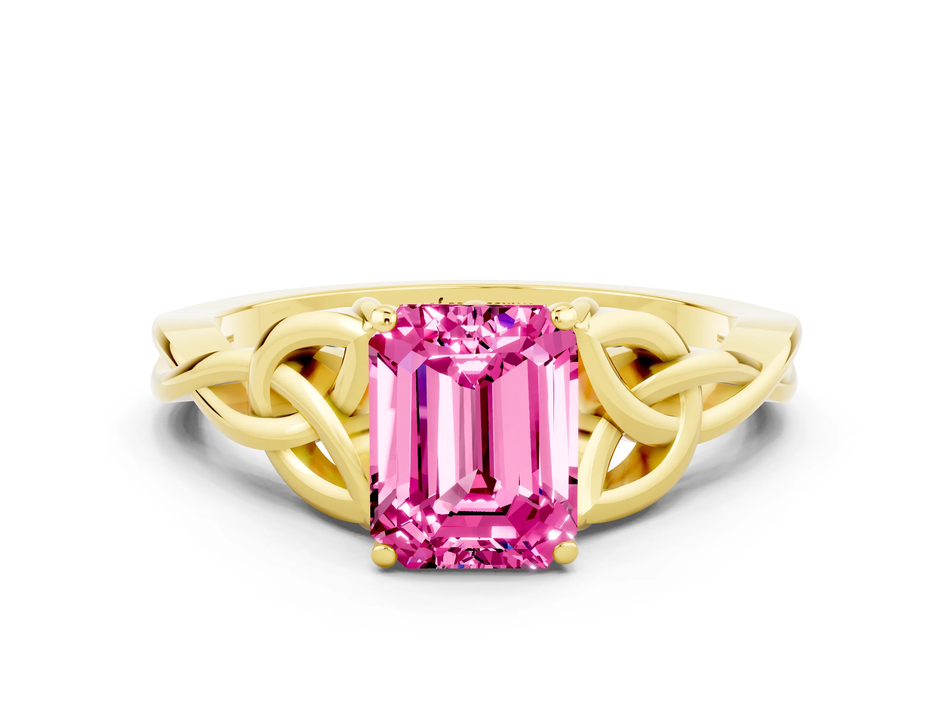 Yellow gold Emerald Cut Pink Sapphire Solitaire Engagement Ring with Celtic Knot Band and Four-Prong Setting_24