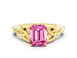 Yellow gold Emerald Cut Pink Sapphire Solitaire Engagement Ring with Celtic Knot Band and Four-Prong Setting_24