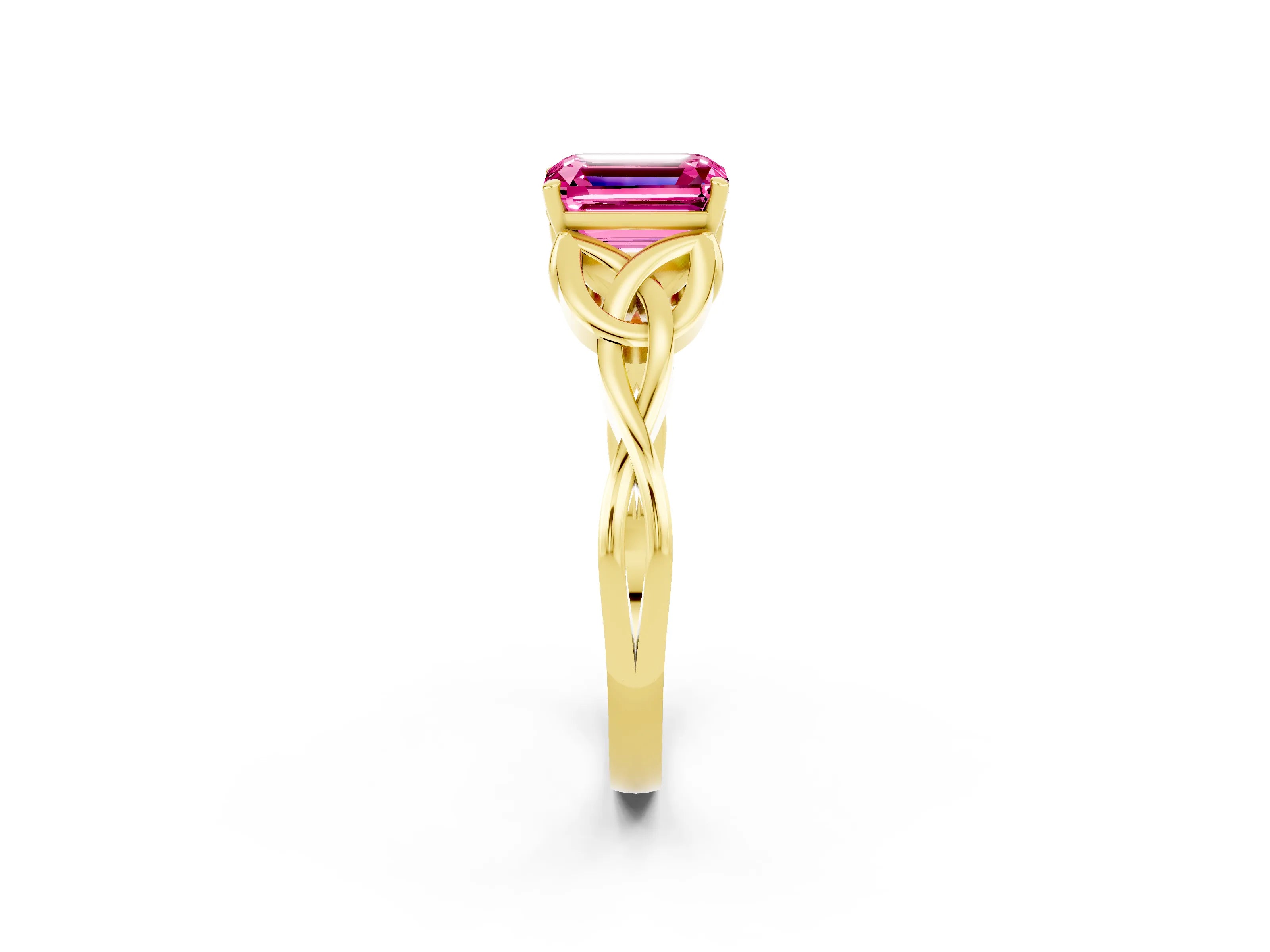 Yellow gold Emerald Cut Pink Sapphire Solitaire Engagement Ring with Celtic Knot Band and Four-Prong Setting_26