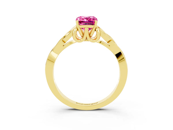 Yellow gold Emerald Cut Pink Sapphire Solitaire Engagement Ring with Celtic Knot Band and Four-Prong Setting