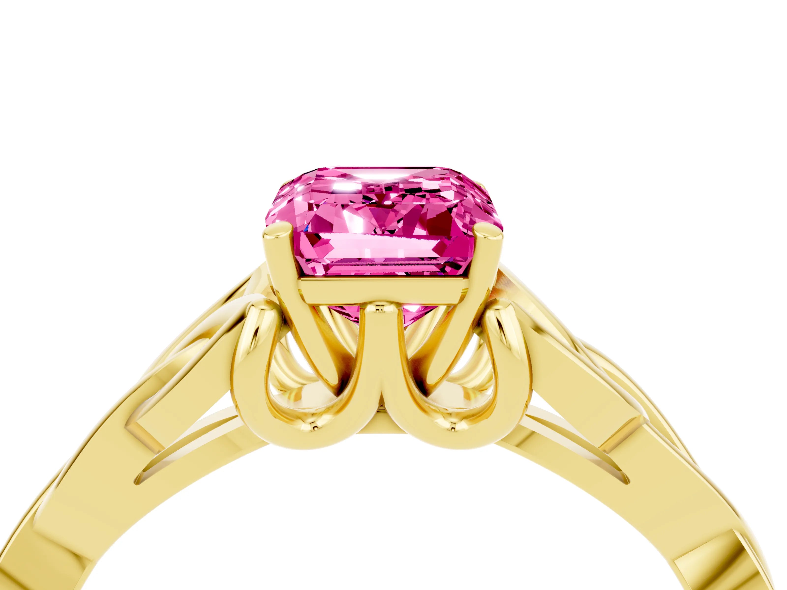 Yellow gold Emerald Cut Pink Sapphire Solitaire Engagement Ring with Celtic Knot Band and Four-Prong Setting_28