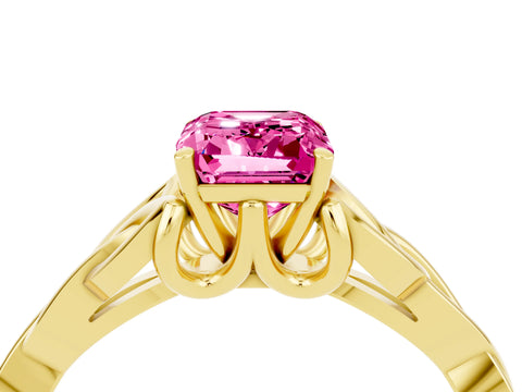 Yellow gold Emerald Cut Pink Sapphire Solitaire Engagement Ring with Celtic Knot Band and Four-Prong Setting_28
