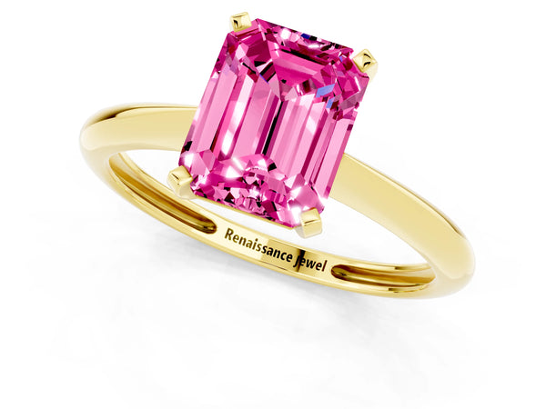 Yellow gold Emerald Cut Pink Sapphire Solitaire Engagement Ring with Classic Band and Four-Prong Setting