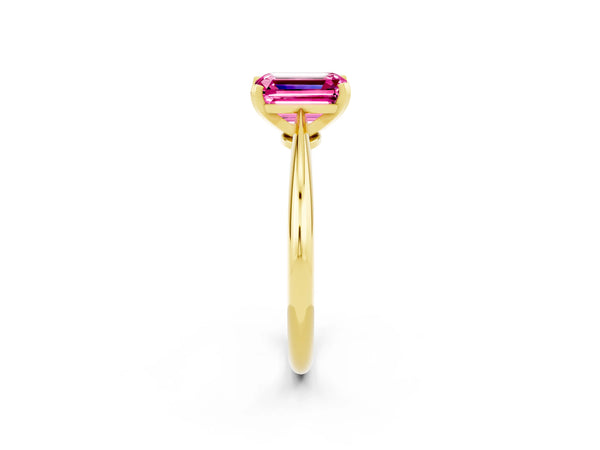 Yellow gold Emerald Cut Pink Sapphire Solitaire Engagement Ring with Classic Band and Four-Prong Setting