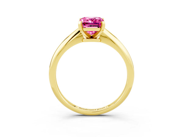Yellow gold Emerald Cut Pink Sapphire Solitaire Engagement Ring with Classic Band and Four-Prong Setting