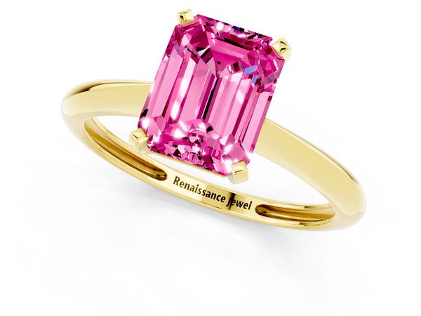 Yellow gold Emerald Cut Pink Sapphire Solitaire Engagement Ring with Classic Band and Four-Prong Setting