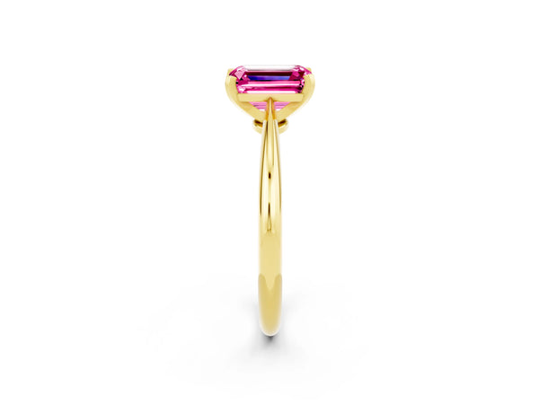 Yellow gold Emerald Cut Pink Sapphire Solitaire Engagement Ring with Classic Band and Four-Prong Setting