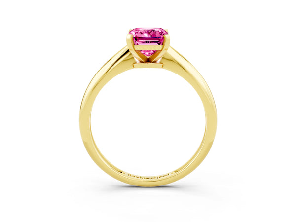 Yellow gold Emerald Cut Pink Sapphire Solitaire Engagement Ring with Classic Band and Four-Prong Setting