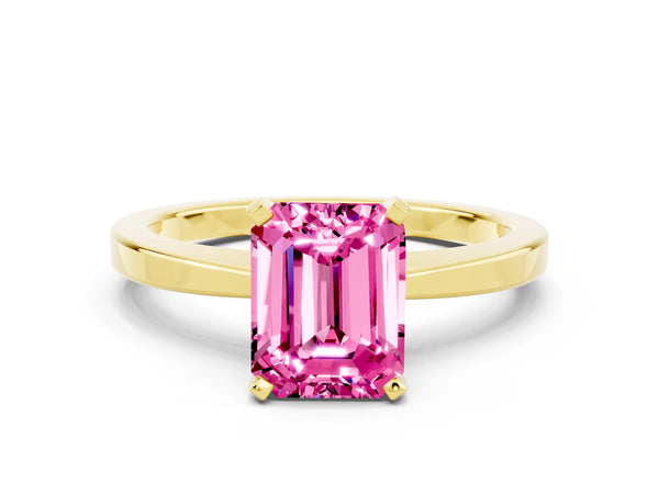 Yellow gold Emerald Cut Pink Sapphire Solitaire Engagement Ring with Classic Band and Four-Prong Setting