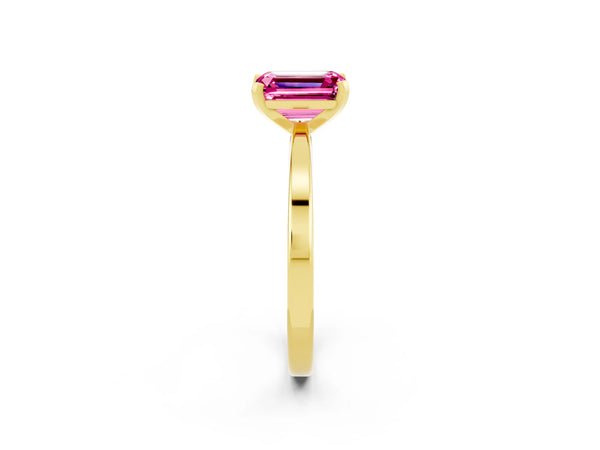 Yellow gold Emerald Cut Pink Sapphire Solitaire Engagement Ring with Classic Band and Four-Prong Setting