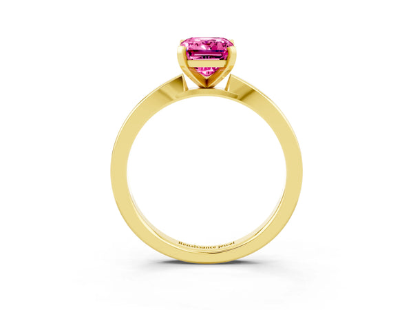 Yellow gold Emerald Cut Pink Sapphire Solitaire Engagement Ring with Classic Band and Four-Prong Setting