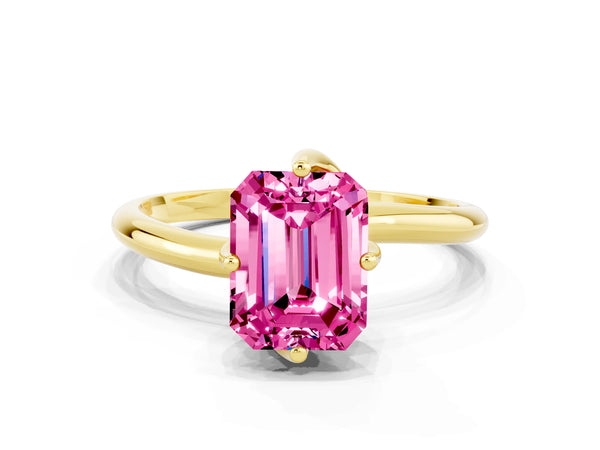Yellow gold Emerald Cut Pink Sapphire Solitaire Engagement Ring with Four-Prong Setting and Classic Band