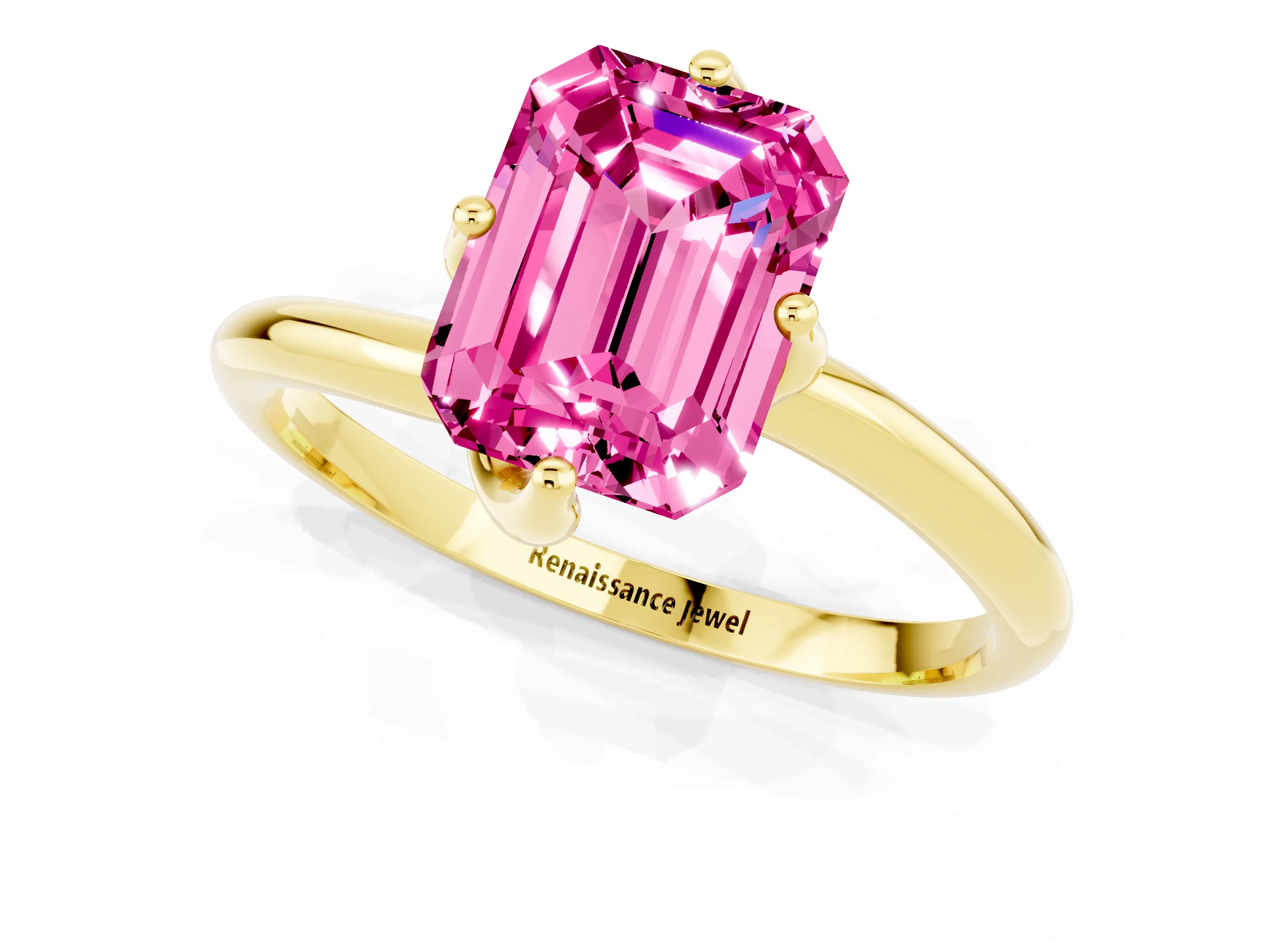 Yellow gold Emerald Cut Pink Sapphire Solitaire Engagement Ring with Four-Prong Setting and Classic Band_13