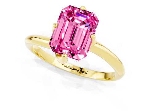 Yellow gold Emerald Cut Pink Sapphire Solitaire Engagement Ring with Four-Prong Setting and Classic Band_13