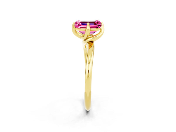 Yellow gold Emerald Cut Pink Sapphire Solitaire Engagement Ring with Four-Prong Setting and Classic Band