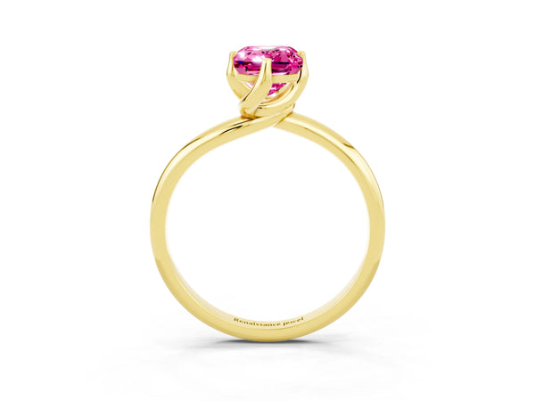 Yellow gold Emerald Cut Pink Sapphire Solitaire Engagement Ring with Four-Prong Setting and Classic Band