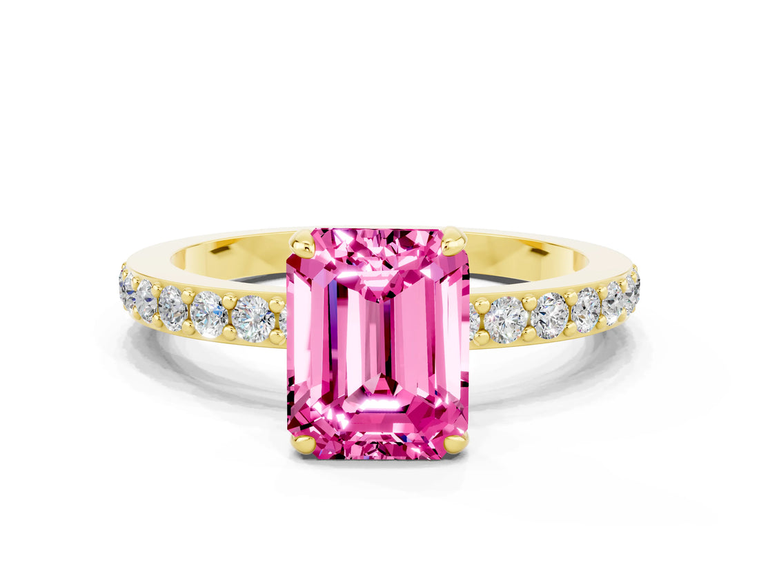 Yellow gold Emerald Cut Pink Sapphire Solitaire Engagement Ring with Pavé Band and Four-Prong Setting_24
