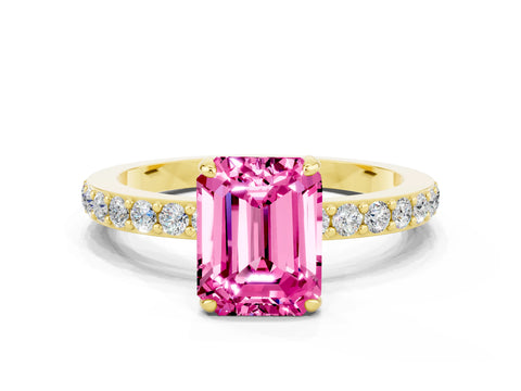Yellow gold Emerald Cut Pink Sapphire Solitaire Engagement Ring with Pavé Band and Four-Prong Setting_24