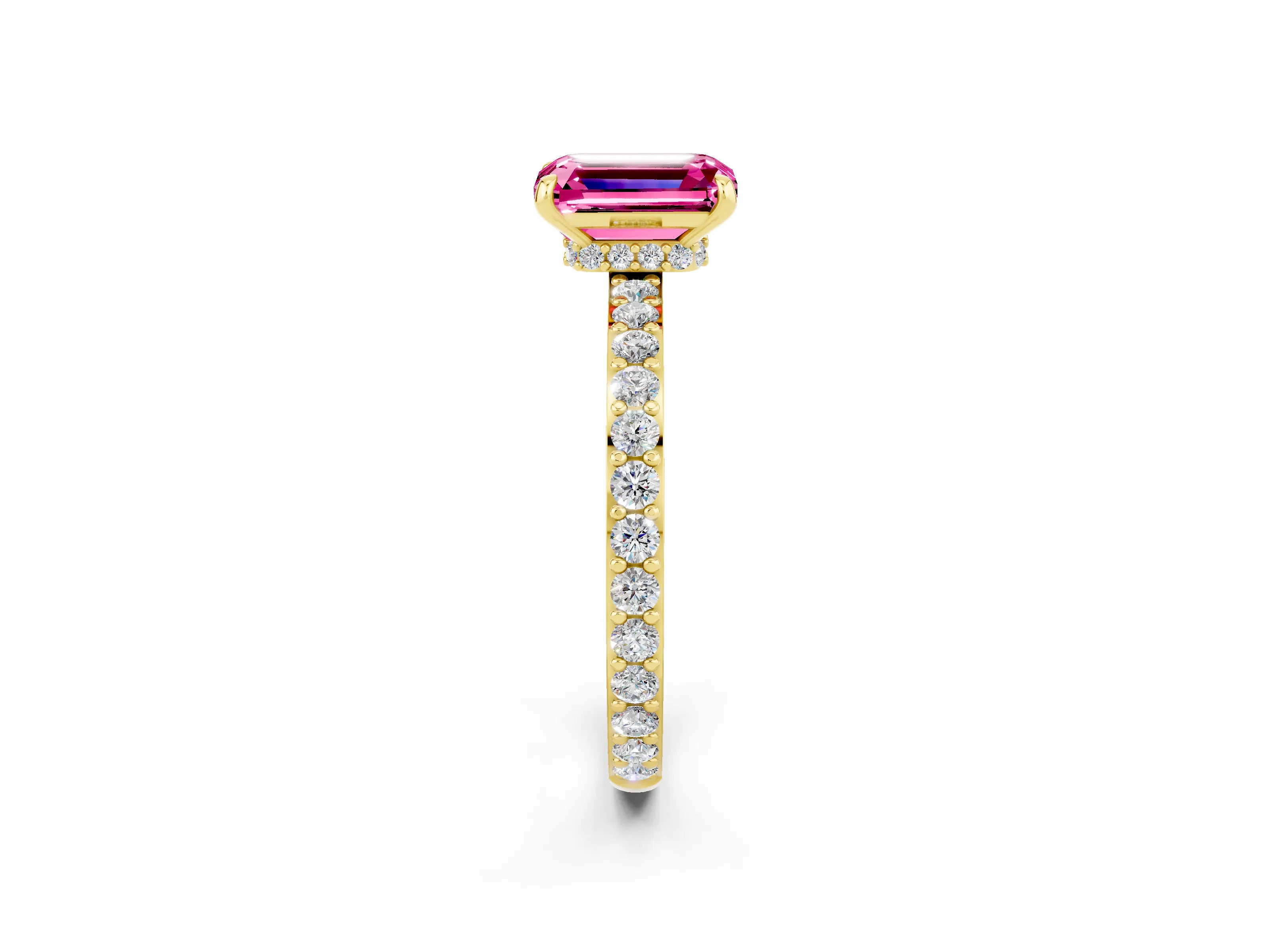 Yellow gold Emerald Cut Pink Sapphire Solitaire Engagement Ring with Pavé Band and Four-Prong Setting_26