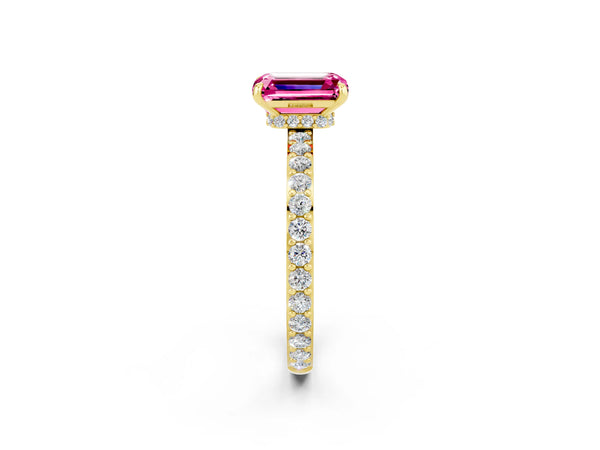 Yellow gold Emerald Cut Pink Sapphire Solitaire Engagement Ring with Pavé Band and Four-Prong Setting