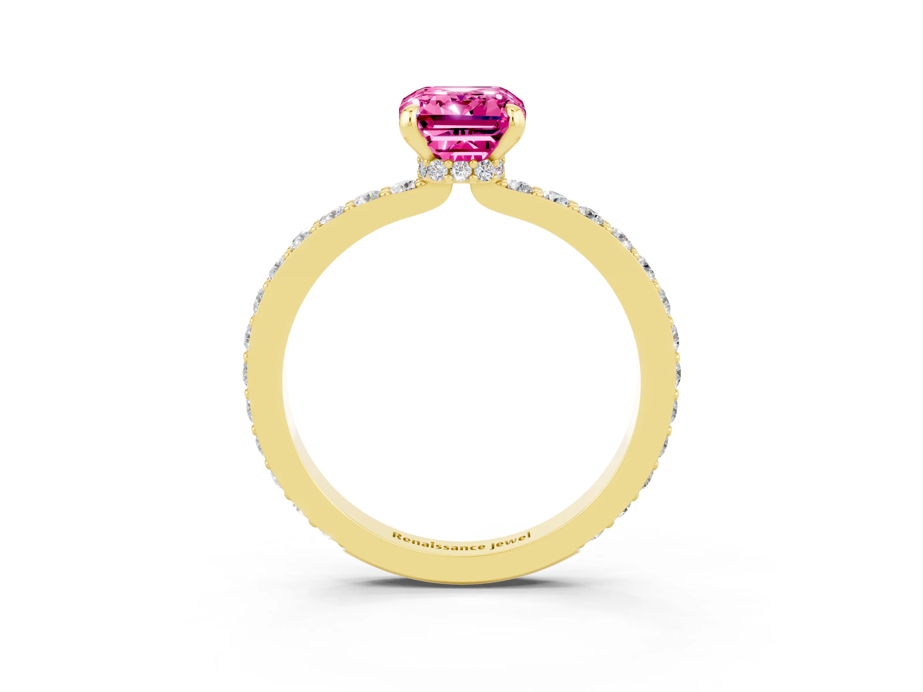 Yellow gold Emerald Cut Pink Sapphire Solitaire Engagement Ring with Pavé Band and Four-Prong Setting_27