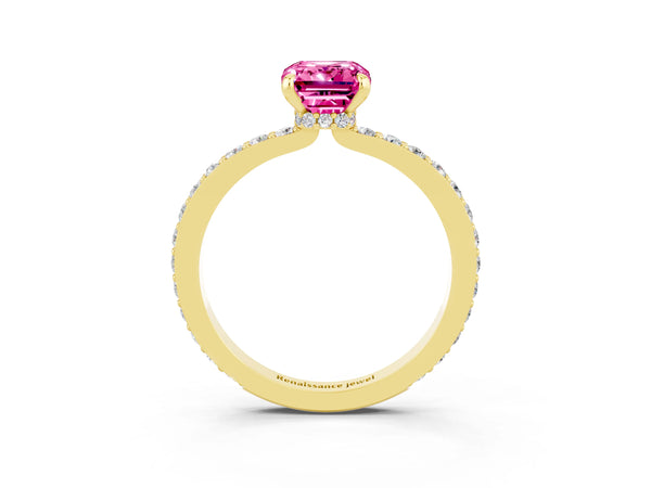 Yellow gold Emerald Cut Pink Sapphire Solitaire Engagement Ring with Pavé Band and Four-Prong Setting