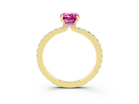 Yellow gold Emerald Cut Pink Sapphire Solitaire Engagement Ring with Pavé Band and Four-Prong Setting_27