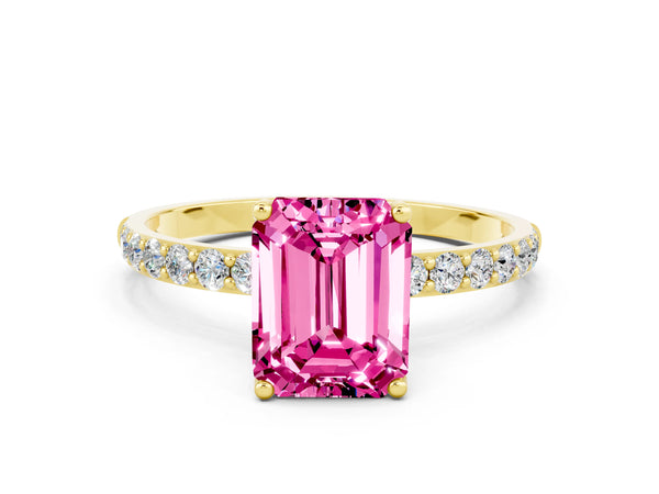Yellow gold Emerald Cut Pink Sapphire Solitaire Engagement Ring with Round  Pavé Band and Prong Setting
