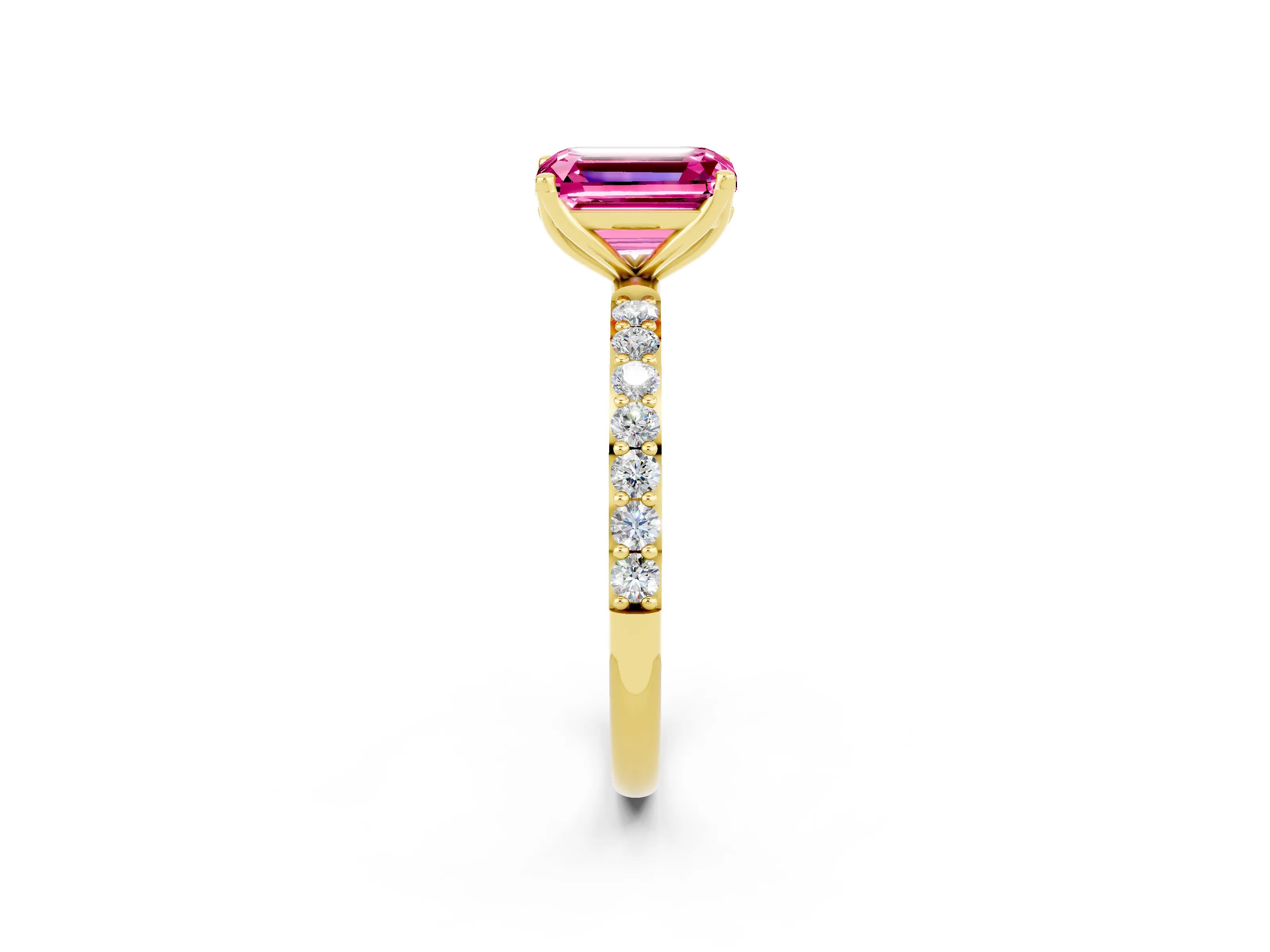 Yellow gold Emerald Cut Pink Sapphire Solitaire Engagement Ring with Pavé Band and Prong Setting_2