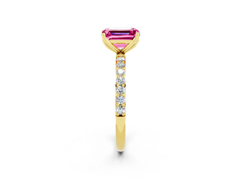 Yellow gold Emerald Cut Pink Sapphire Solitaire Engagement Ring with Pavé Band and Prong Setting_2