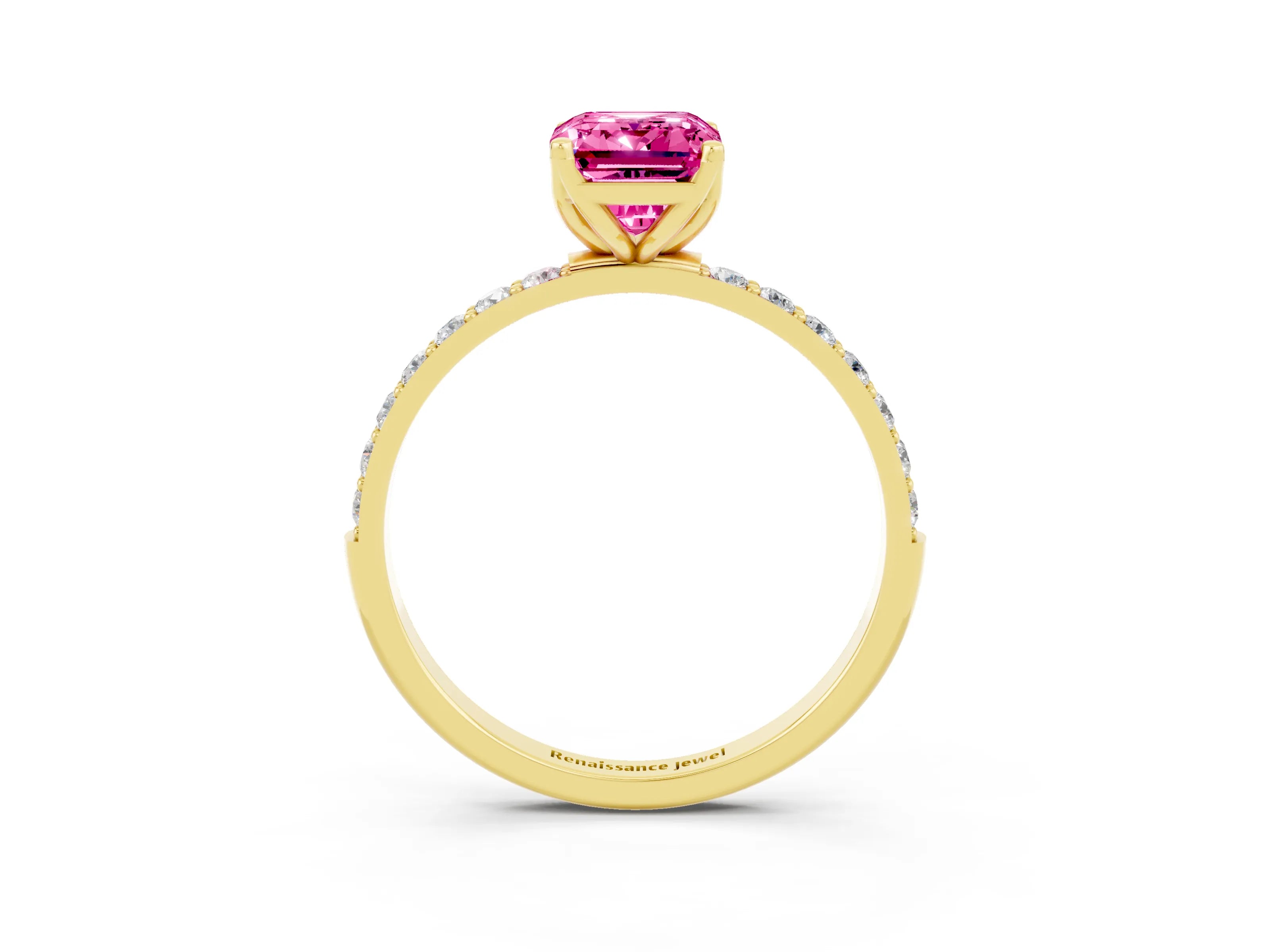 Yellow gold Emerald Cut Pink Sapphire Solitaire Engagement Ring with Pavé Band and Prong Setting_3