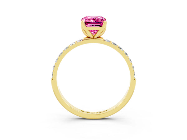 Yellow gold Emerald Cut Pink Sapphire Solitaire Engagement Ring with Round  Pavé Band and Prong Setting