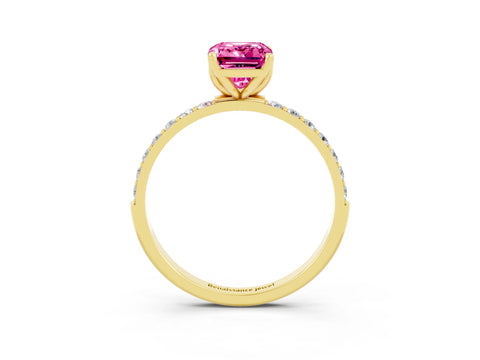 Yellow gold Emerald Cut Pink Sapphire Solitaire Engagement Ring with Pavé Band and Prong Setting_3